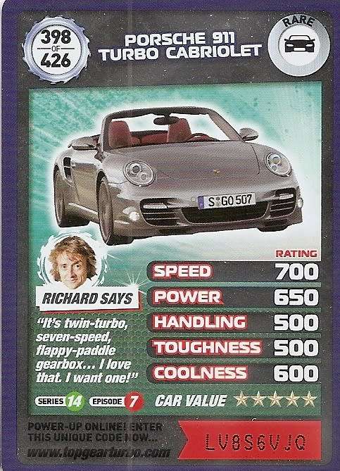 PORCHE 911 TURBO CABRIO - `BBC` TOP GEAR TURBO CHALLENGE `EXTRA`  - `RARE` TRADING CARD 398