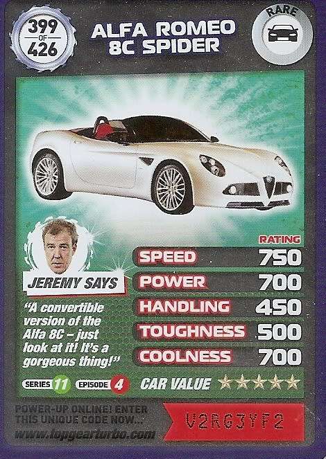 ALFA ROMEO 8C SPIDER - `BBC` TOP GEAR TURBO CHALLENGE `EXTRA`  - `RARE` TRADING CARD 399