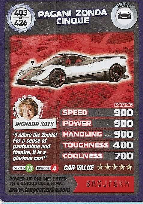 PAGANI ZONDA CINQUE - `BBC` TOP GEAR TURBO CHALLENGE `EXTRA`  - `RARE` TRADING CARD 403