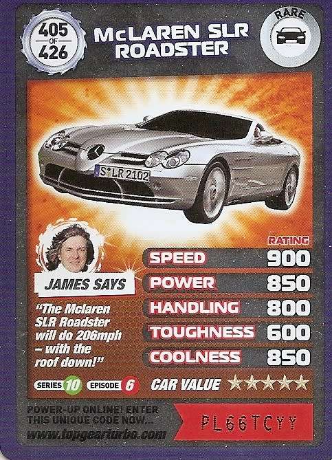 McLAREN SLR ROADSTER - `BBC` TOP GEAR TURBO CHALLENGE `EXTRA`  - `RARE` TRADING CARD 405