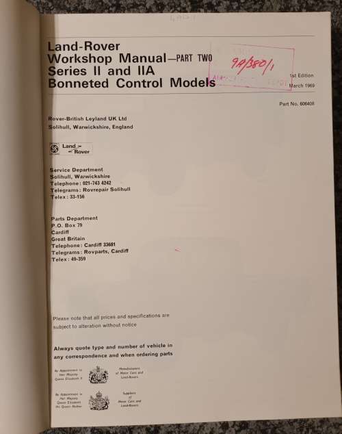 LAND ROVER 88 and 109 1969 WORKSHOP MANUAL Part 2 - In Fair Condition