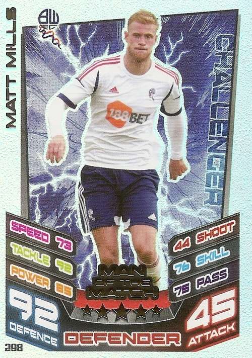 MATT MILLS (Bolton) - TOPPS `MATCH ATTAX CHAMPIONSHIPS` 2012/13 - FOIL `MAN of MATCH` CARD