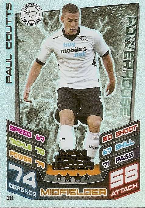 PAUL COUTTS (Derby) - TOPPS `MATCH ATTAX CHAMPIONSHIPS` 2012/13 - FOIL `MAN of MATCH` CARD