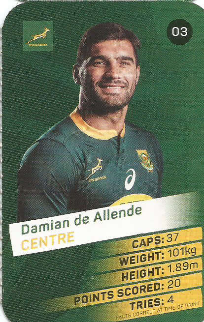 DAMIAN DE ALLENDE -  2019 Pick n Pay Rugby World Cup  COLLECTION CARD 3