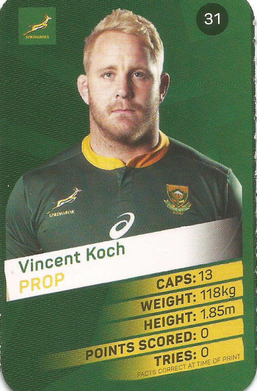 VINCENT KOCH -  2019 Pick n Pay Rugby World Cup  COLLECTION CARD 31