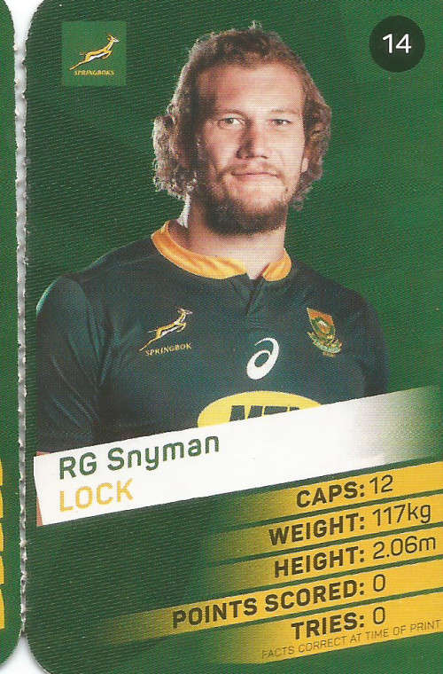 RG SNYMAN -  2019 Pick n Pay Rugby World Cup  COLLECTION CARD 14