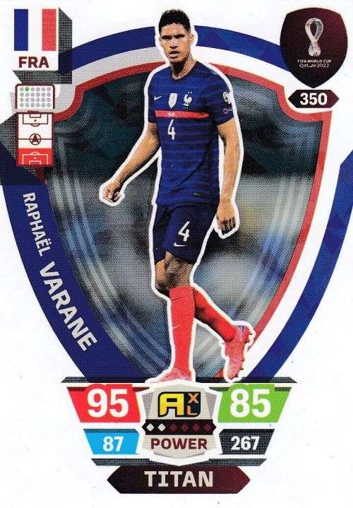 RAPHAEL VARANE - PANINI `FIFA WORLD CUP 2022` QATAR - `TITAN` TRADING CARD 350