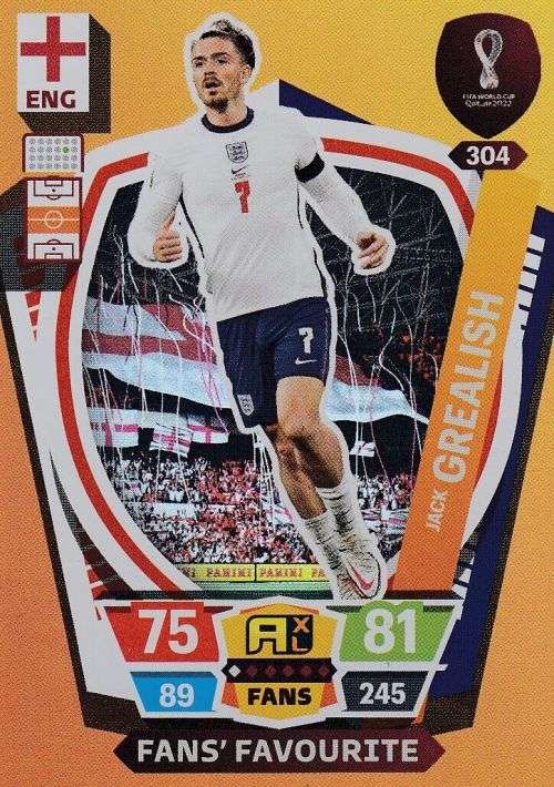 JACK GREALISH - PANINI `FIFA WORLD CUP 2022` QATAR - `FANS FAVOURITE` TRADING CARD 304