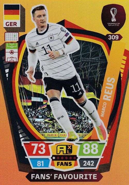 MARCO REUS - PANINI `FIFA WORLD CUP 2022` QATAR - FOIL `FANS FAVOURITE` TRADING CARD 309