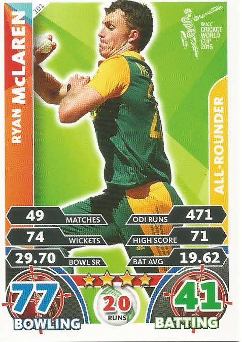 RYAN McLAREN `PROTEAS` - ICC CRICKET WORLD CUP 2015 - `BASE` TRADING CARD 101