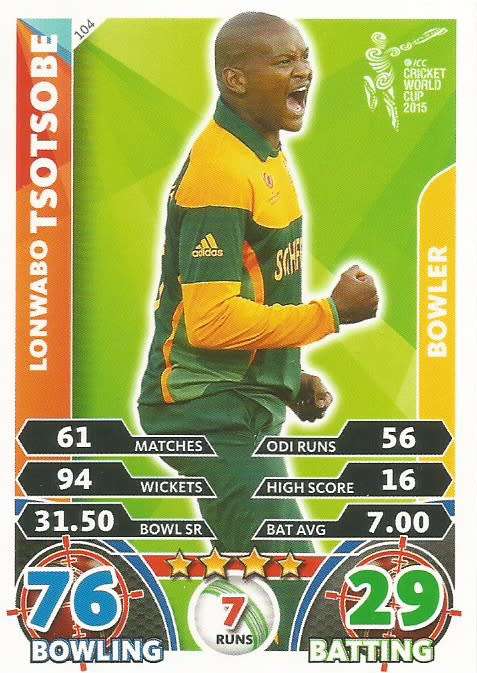LONWABO TSOTSOBE `PROTEAS` - ICC CRICKET WORLD CUP 2015 - `BASE` TRADING CARD 104