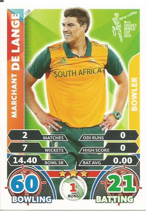 MARCHANT DE LANGE `PROTEAS` - ICC CRICKET WORLD CUP 2015 - `BASE` TRADING CARD 108