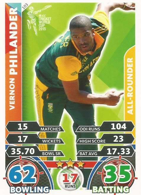 VERNON PHILANDER `PROTEAS` - ICC CRICKET WORLD CUP 2015 - `BASE` TRADING CARD 103