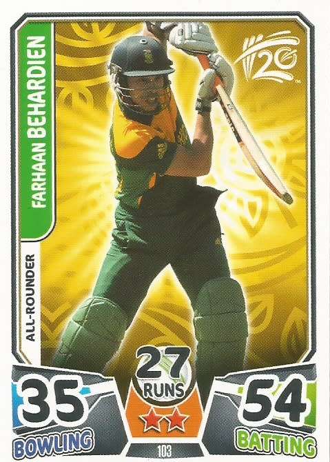 FARHAAN BEHARDIEN `PROTEAS` - `TOPPS` ICC CRICKET T20 WORLD CUP 2014 - `BASE` TRADING CARD 103