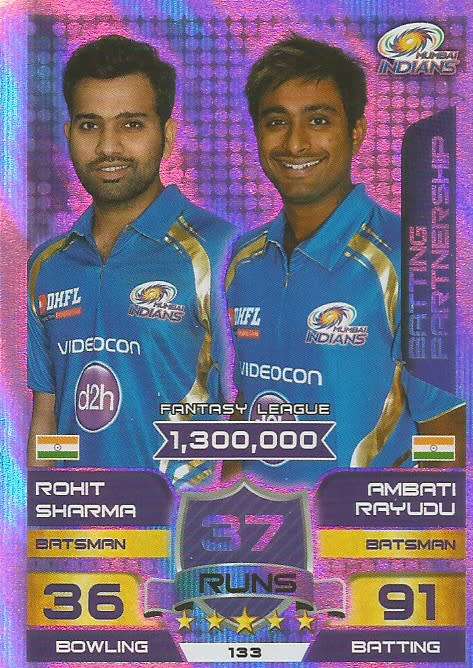 R. SHARMA/A.RAYUOU - IPL CRICKET ATTAX 2015/16 - `BATTING PARTNERSHIP` SILVER TRADING CARD