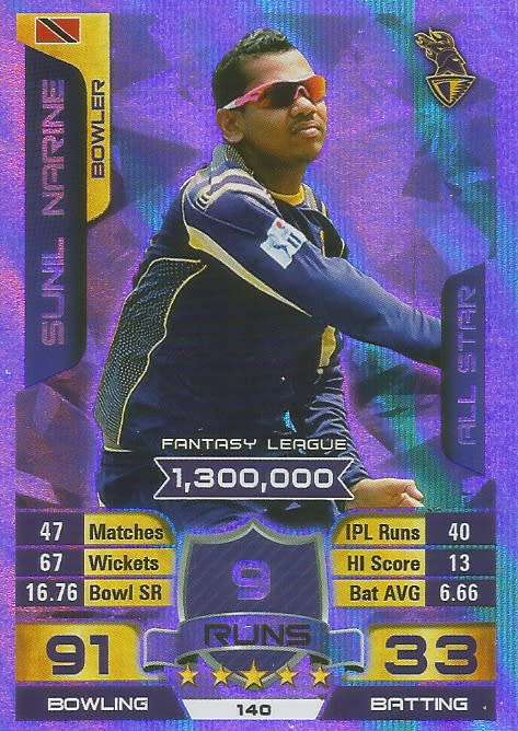 SUNIL NARINE - `TOPPS`  IPL CRICKET ATTAX 2015/16 - `ALL STAR` SILVER TRADING CARD