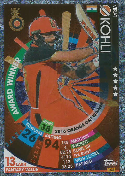 VIRAT KOHLI - IPL CRICKET ATTAX 2017/18 - SILVER `AWARD WINNER` TRADING CARD 156