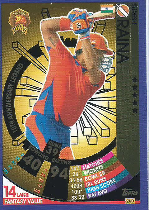 SURESH RAINE - IPL CRICKET ATTAX 2017/18 - RARE BLUE `10th ANNIVERSARY` FOIL TRADING CARD 200