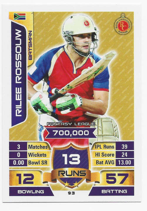 RILEE ROSSOUW - `TOPPS` IPL CRICKET ATTAX 2015/16 - `BASE` TRADING CARD 93