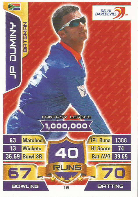JP DUMINY - `TOPPS` IPL CRICKET ATTAX 2015/16 - `BASE` TRADING CARD 18