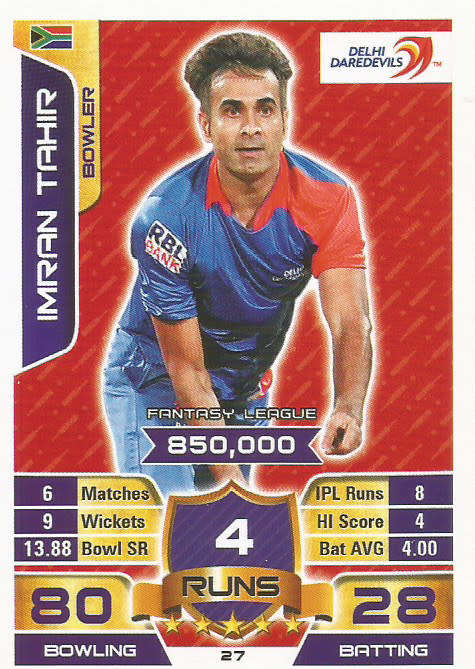 IMRAN TAHIR - `TOPPS` IPL CRICKET ATTAX 2015/16 - `BASE` TRADING CARD 27