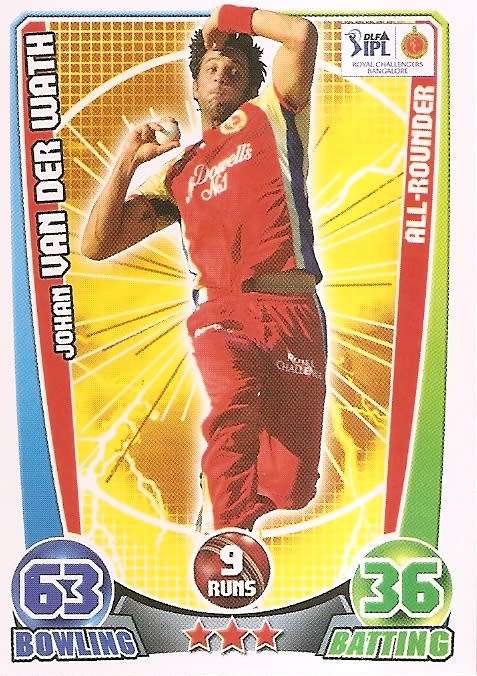 JOHAN VAN DER WATH - `TOPPS` CRICKET ATTAX IPL LEAGUE 2012 - `BASE` TRADING CARD
