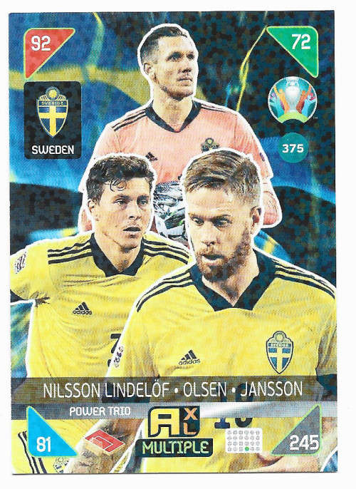 SWEDEN - PANINI  `EURO 2020 KICK OFF` -  FOIL `POWER TRIO` TRADING CARD 375