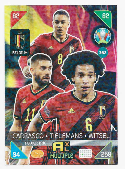 BELGIUM - PANINI  `EURO 2020 KICK OFF` -  FOIL `POWER TRIO` TRADING CARD 362
