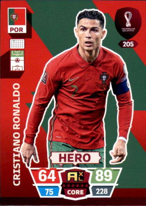 CRISTIANO RONALDO - PANINI `FIFA WORLD CUP 2022` QATAR - BASE `HERO` TRADING CARD 205