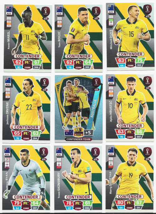 AUSTRALIA - PANINI `FIFA WORLD CUP 2022` QATAR - COMPLETE 9 CARD TEAM TRADING CARD SET
