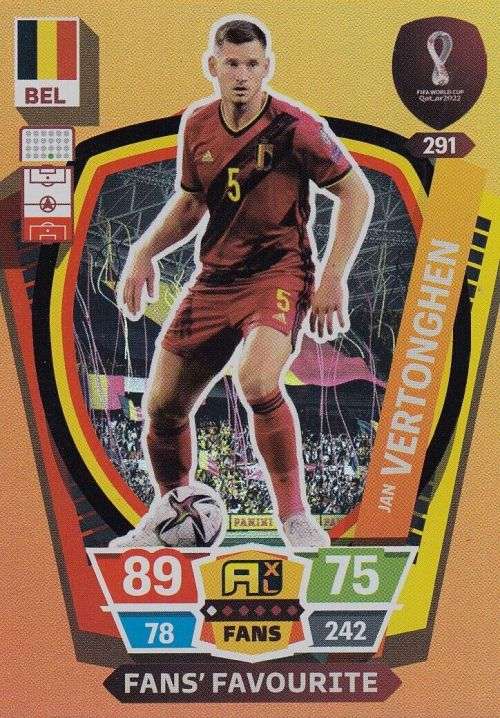 JAN VERTONGHEN - PANINI `FIFA WORLD CUP 2022` QATAR - `FANS FAVOURITE` TRADING CARD 291