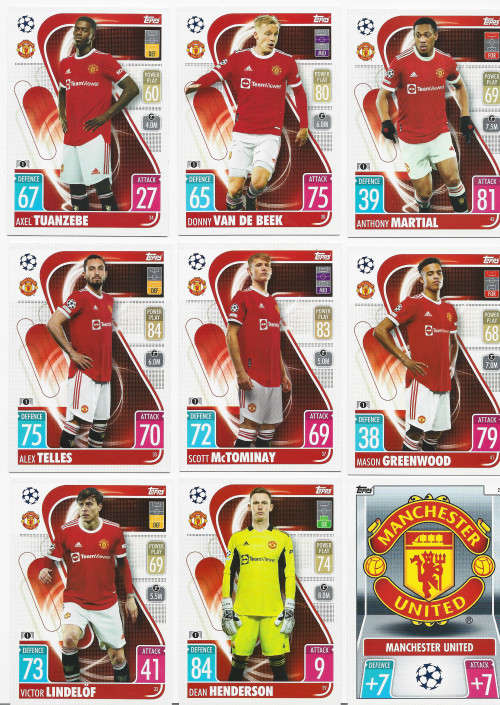 MANCHESTER UNITED FC - TOPPS `Champions/Europa League` 2021/22 - LOT of 11 TRADING CARDS