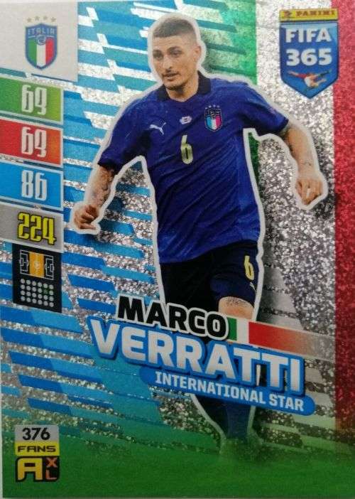 MARCO VERATTI- PANINI `FIFA 365 COLLECTION` 2021/22 - SILVER `INTERNATIONAL STAR` TRADING CARD 376