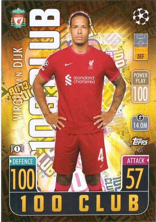 VIRGIL VAN DIJK - TOPPS `CHAMPIONS LEAGUE` 2021/22 -  FOIL `CLUB 100` TRADING CARD