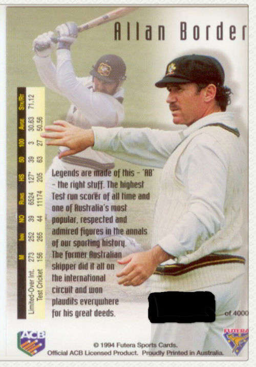 ALAN BORDER - FUTERA CRICKET COLLECTION 1994/95 - VERY RARE `HOLOGRAM LIMITED EDITION` TRADING CARD