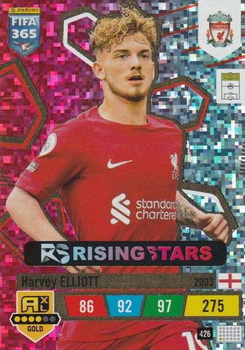 HARVEY ELLIOTT - PANINI `FIFA 365 COLLECTION` 2023 - GOLD `RISING STAR` FOIL TRADING CARD 426