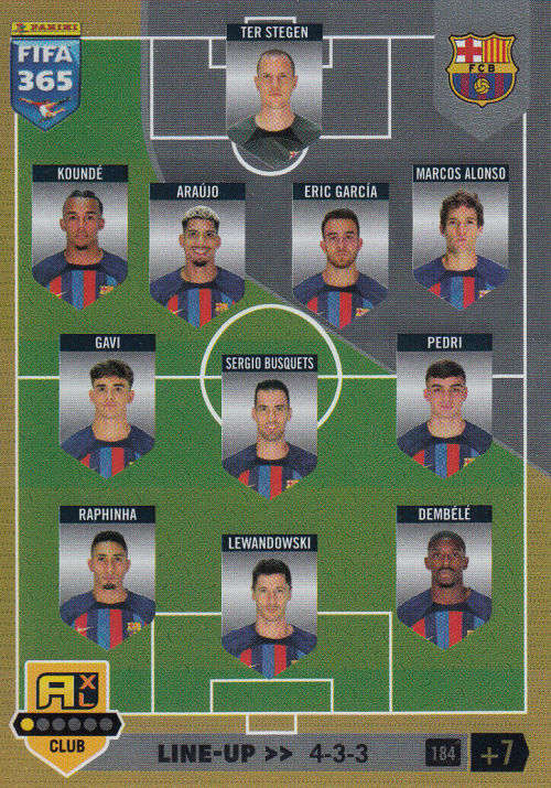 FC BARCELONA - PANINI `FIFA 365 COLLECTION` 2023 - `TEAM LINE UP` FOIL TRADING CARD 184