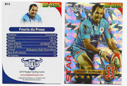 2010 BIG BALL RUGBY COLLECTION - FOURIE DU PREEZ `STAR PLAYER` `ERROR CARD` (B13)