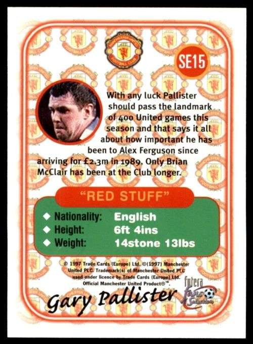 GARY PALLISTER - MAN. UNITED `Futera Fans Selection 1997`  - `EMBOSSED` TRADING CARD SE15