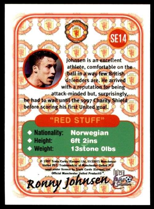 RONNY JOHNSEN - MAN. UNITED `Futera Fans Selection 1997`  - `EMBOSSED` TRADING CARD SE14