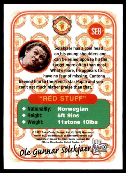 OLE GUNNAR SOLSKJAER - MAN. UNITED `Futera Fans Selection 1997`  - `EMBOSSED` TRADING CARD SE8
