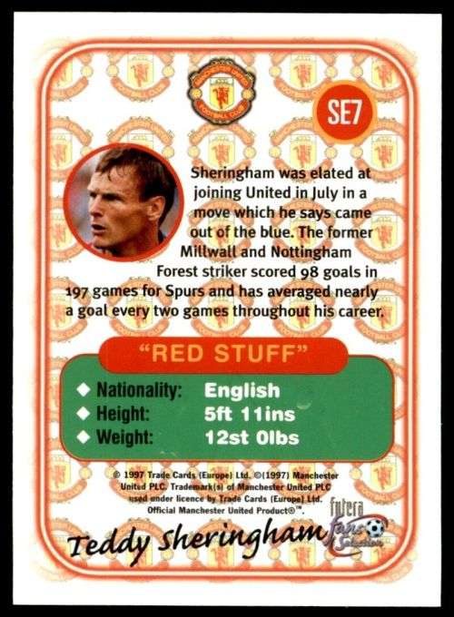 TEDDY SHERINGHAM - MAN. UNITED `Futera Fans Selection 1997`  - `EMBOSSED` TRADING CARD SE7