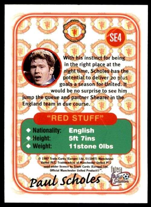 PAUL SCHOLES - MAN. UNITED `Futera Fans Selection 1997`  - `EMBOSSED` TRADING CARD SE4
