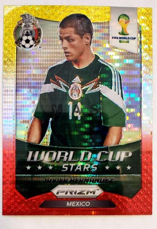 JAVIER HERNANDEZ - WORLD CUP 2014 PANINI `PRIZM` - YELLOW/RED PULSAR `W/CUP STARS` TRADING CARD 27