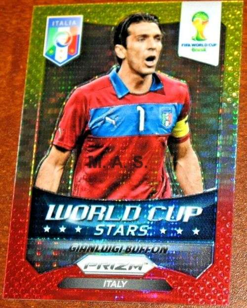 GIGI BUFFON - WORLD CUP 2014 PANINI `PRIZM` - YELLOW/RED PULSAR `W/CUP STARS` TRADING CARD 25