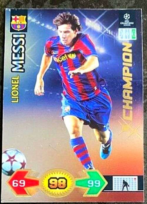 LIONEL MESSI - PANINI `CHAMPIONS LEAGUE` 2009/10 - `RARE` GOLD FOIL `CHAMPION` TRADING CARD