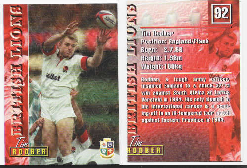 TIM RODBER - RUGBY 1997 COLLECTION by PANINI - RARE `BASE` TRADING CARD 92