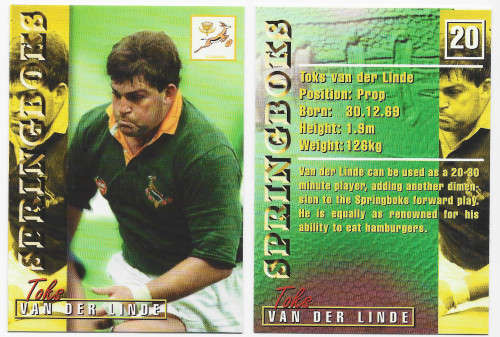 TOKS VAN DER LINDE - RUGBY 1997 COLLECTION by PANINI - `BASE` TRADING CARD 20