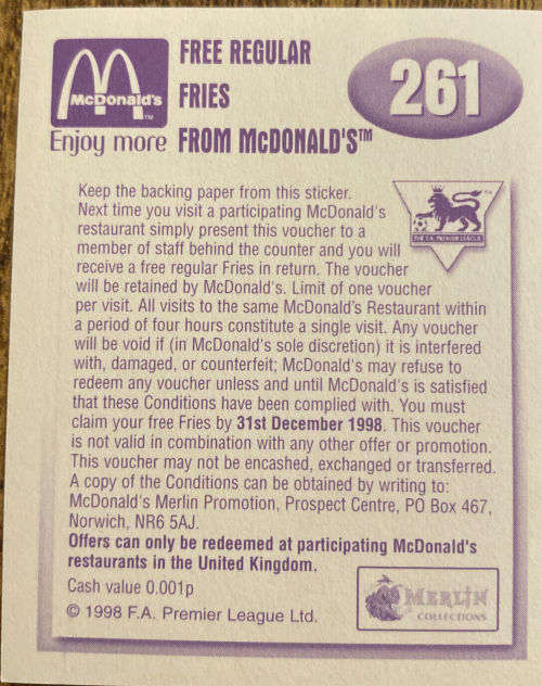 RONALDO - MERLIN `McDONALD`S SPECIAL EDITION` 1998 STICKER COLLETION - RARE STICKER 261