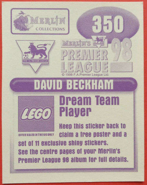 DAVID BECKHAM `RARE` MERLIN Premier League Sticker collection 1998 - RARE `STICKER` 350